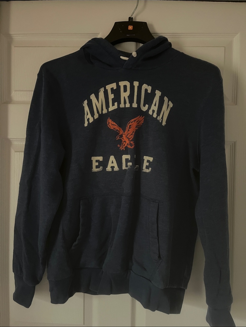 American Eagle Outfitters Navy Hoodie with White Logo and Orange Eagle